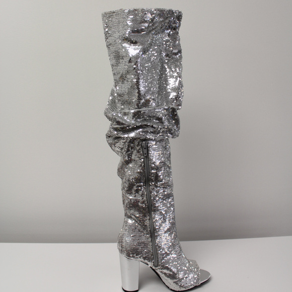 Shoes - Womens Silver Sequins Over The Knee Slouchy Boots